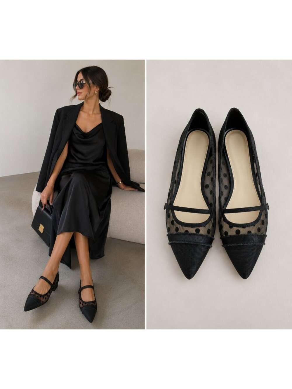 Who What Wear Polka Dot Mesh Mary Jane Flats Women's Size 9.5 Black Pointed Toe